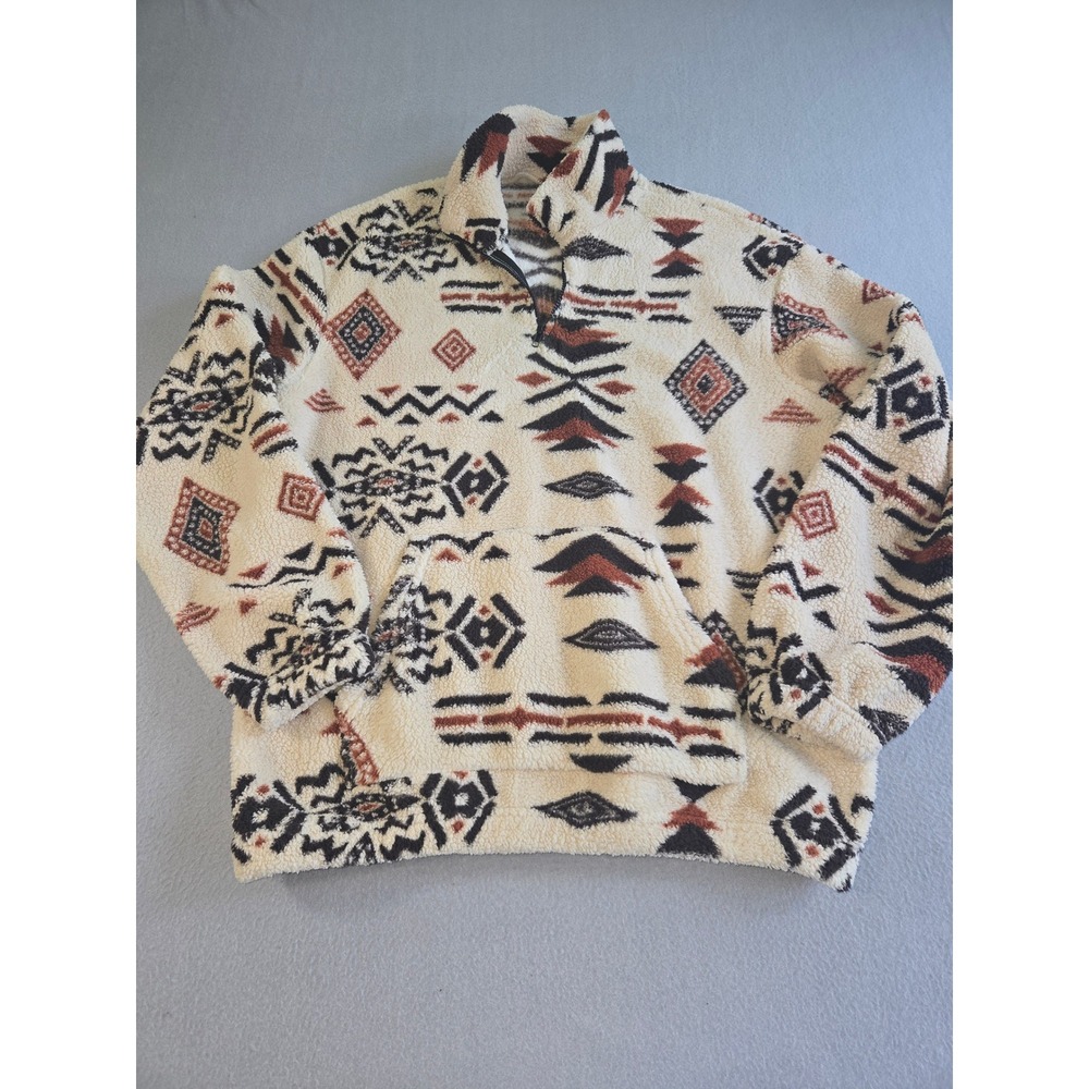 TAT Aztec Sherpa Fleece Pullover Mens Medium Cream Southwestern Quarter Zip
